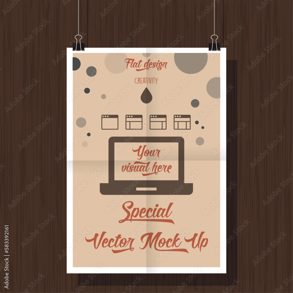 Mock Up Poster vector Flat Design, entièrement vecteur modifiable, style moderne, simple, propre, efficace, couleurs, bois, personnalisation simple, parfait pour présentation d'illustration ou autre