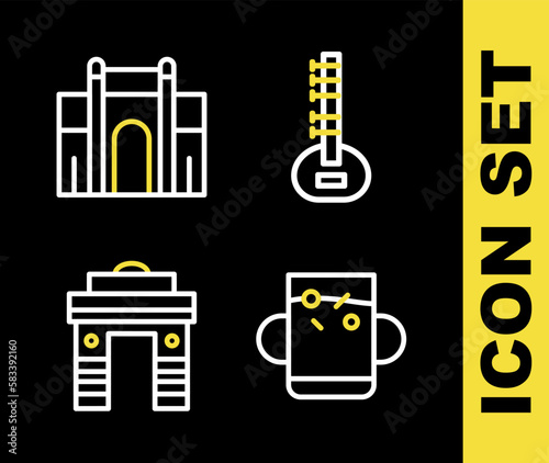 Set line Sitar, Cup of tea and leaf, India Gate in Delhi and icon. Vector