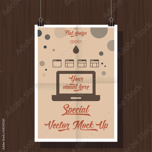 Mock Up Poster vector Flat Design, entièrement vecteur modifiable, style moderne, simple, propre, efficace, couleurs, bois, personnalisation simple, parfait pour présentation d'illustration ou autre