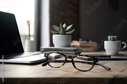 A laptop with a blank screen, a cup of cappuccino coffee, a cactus, supplies, and folded eyeglasses are all displayed on a wooden desk in a roomy office with lots of natural light. Workspace for the a