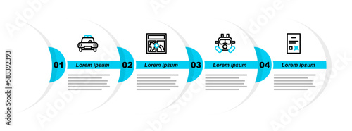 Set line Poll document, Gas mask, Broken window and Police car and flasher icon. Vector