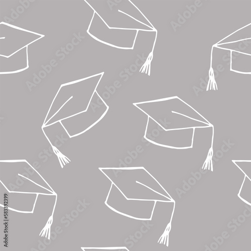 graduation cap seamless pattern hand drawn in doodle style. back to school background