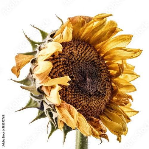 Macro closeup of isolated aged and dried yellow sunflower head, shriveled petals, white studio lighting background, preserved - generative ai