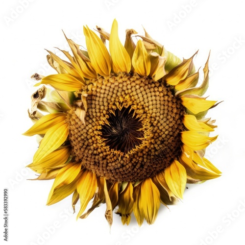 Macro closeup of isolated aged and dried yellow sunflower head, shriveled petals, white studio lighting background, preserved - generative ai