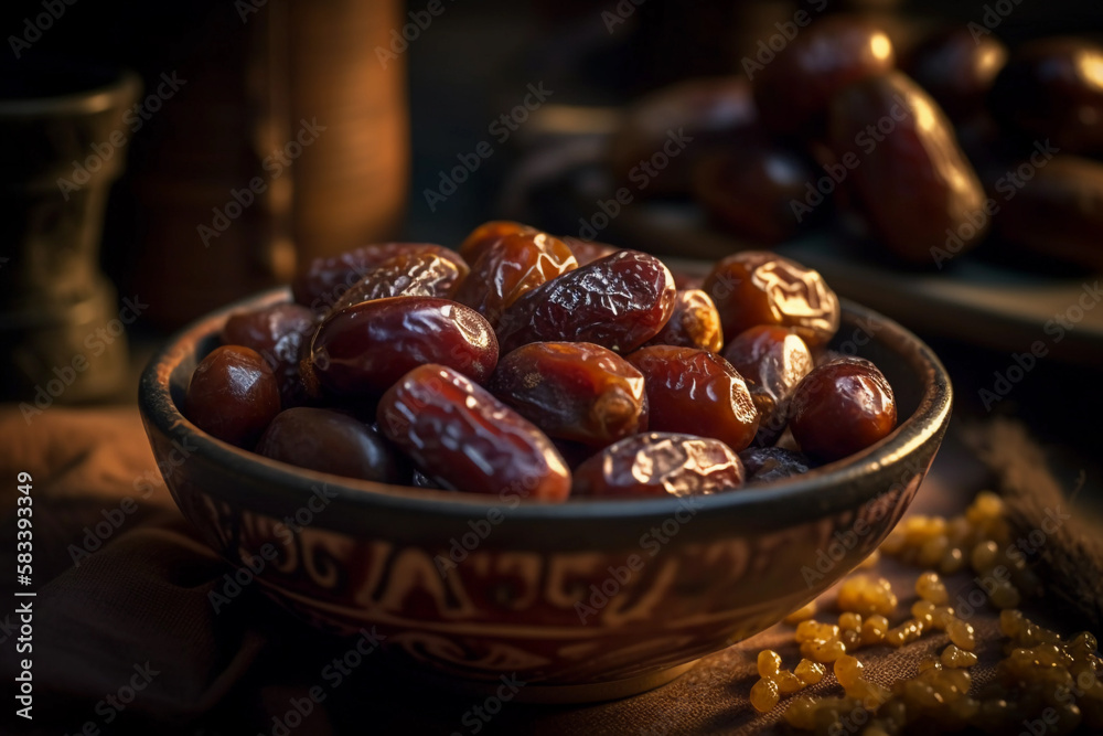 A close-up shot of a bowl of dates. generative AI. A close-up shot of a bowl of dates. generative AI.