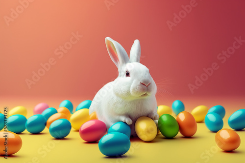 happy white easter bunny with many colorfull egg on yellow background © Ajit