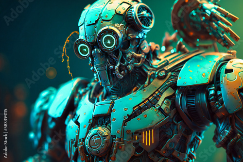 A captivating turquoise robot background signifies the seamless fusion of robotics and other advanced technologies