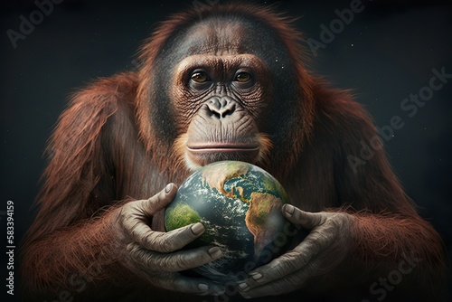 Funny orangutan holding earth. Generative AI