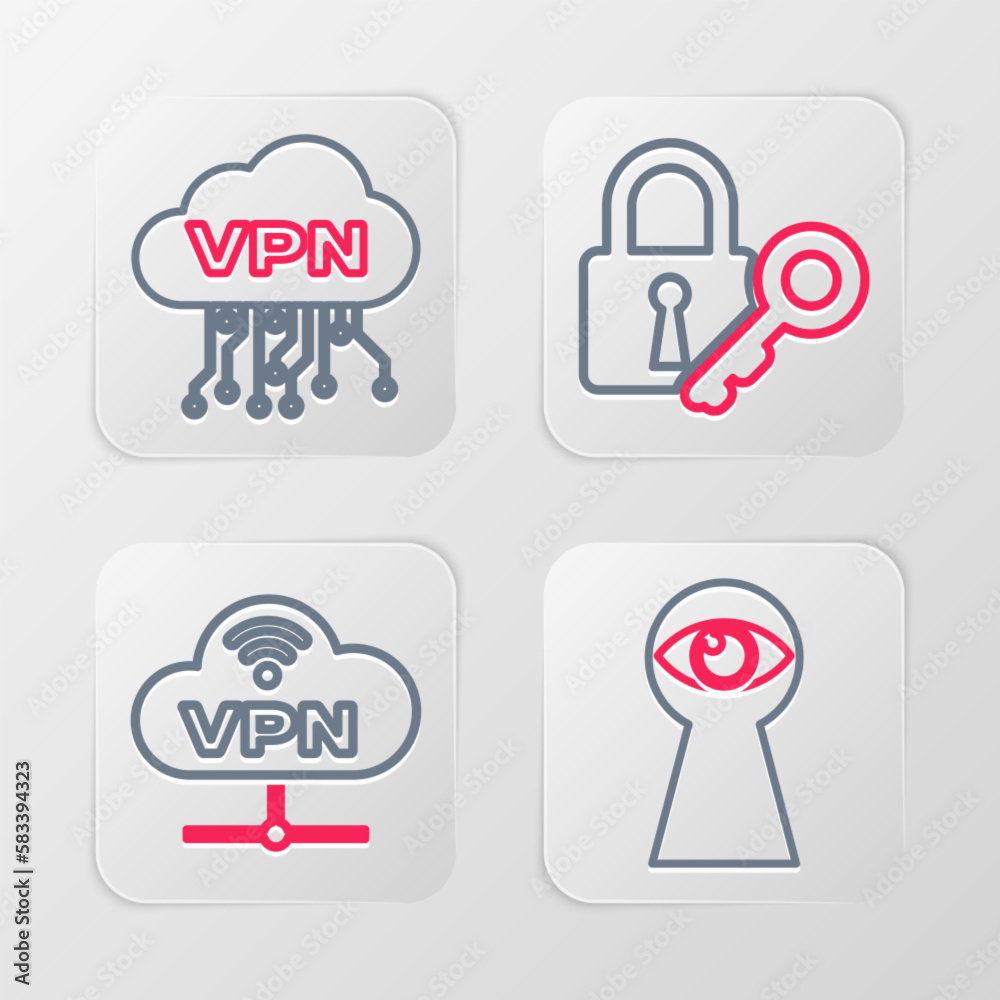 Set line Keyhole with eye, VPN Network cloud connection, Lock and key and Cloud interface icon. Vector