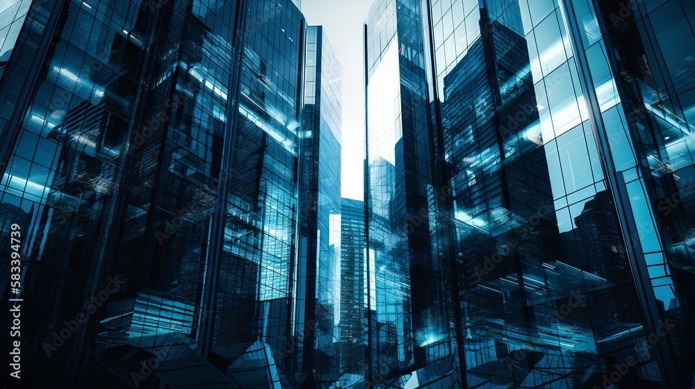 Glossy glass skyscrapers in urban city environment. Corporate businesses, high rise office spaces, and financial districts, reflecting the dynamic nature of urban design and aesthetics. Generative AI