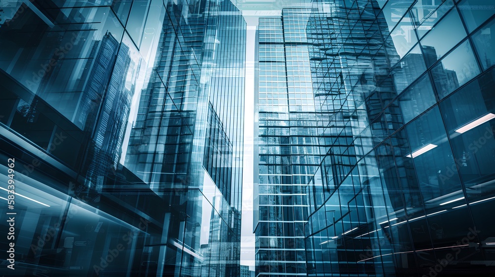 View of Glossy glass skyscrapers in urban city environment. Corporate ...