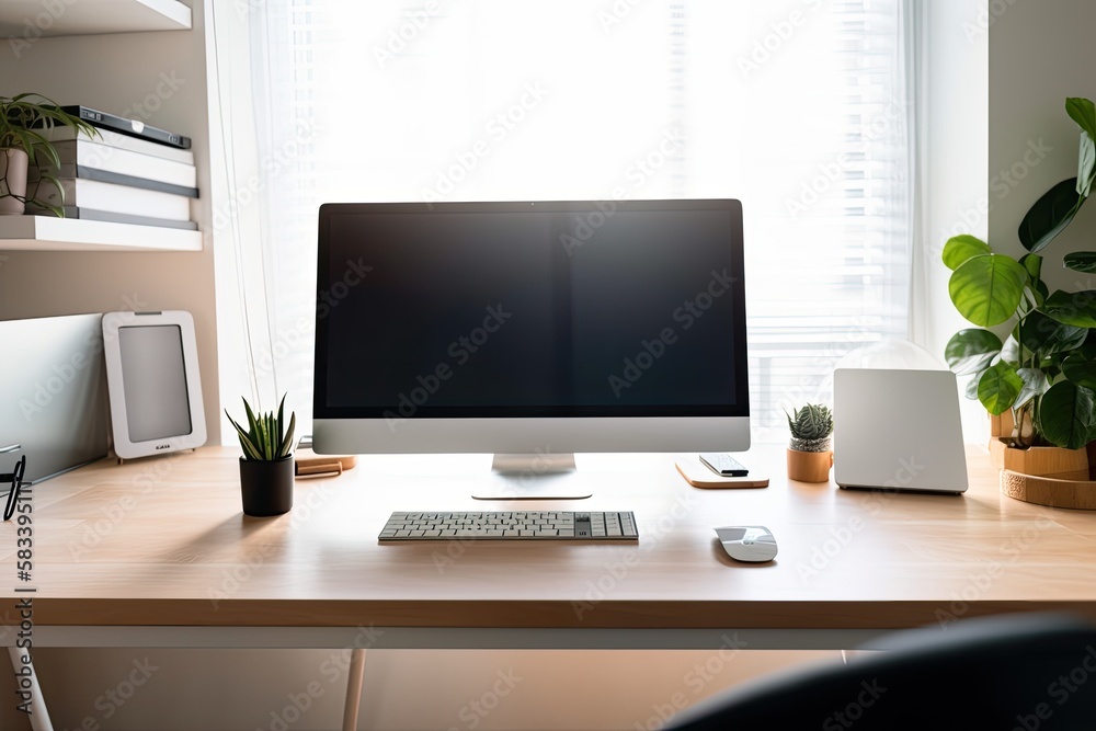 A desktop computer tablet with a blank, white screen for a product or visual montage is placed on a working table. Generative AI A desktop computer tablet with a blank, white screen for a product or visual montage is placed on a working table. Generative AI