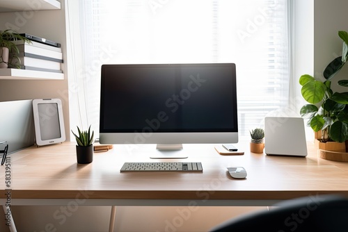 A desktop computer tablet with a blank, white screen for a product or visual montage is placed on a working table. Generative AI