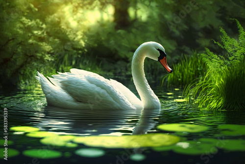 Fototapeta Naklejka Na Ścianę i Meble -  A swan elegantly swimming in a verdant pond