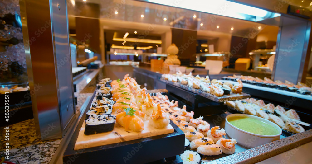Japanese food self-service luxury hotel in Tunisia. All-you-can-eat buffet during lunch, dinner time. Resort restaurant. All inclusive. Buffet food. Self-service restaurant. Self service meals. Japanese food self-service luxury hotel in Tunisia. All-you-can-eat buffet during lunch, dinner time. Resort restaurant. All inclusive. Buffet food. Self-service restaurant. Self service meals.