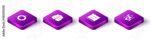 Set Isometric Lifebuoy, Fishing jacket, Aquarium and Kayak or canoe icon. Vector