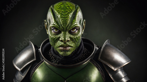 very detailed closeup of medieval female humanoid alien reptilian warrior with scary angry face and green skin in gothic armor, generative AI