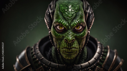 very detailed closeup of medieval humanoid alien reptilian warrior with scary angry face and green skin in gothic armor, generative AI photo