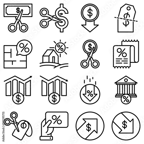 Rate cut thin line icon set: cutting price, cost reduction, sale, discount, receipt, loyalty card, interest. Modern vector illustration.