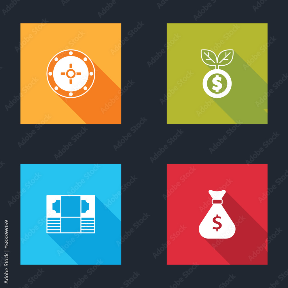 Set Safe, Dollar plant, Stacks paper money cash and Money bag icon. Vector Set Safe, Dollar plant, Stacks paper money cash and Money bag icon. Vector
