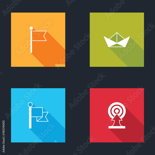 Set Flag, Folded paper boat, and Target with arrow icon. Vector