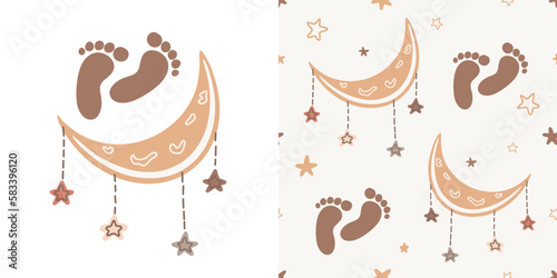 Set seamless pattern with baby footprints and moons with stars. Vector abstract boho illustration for nursery design