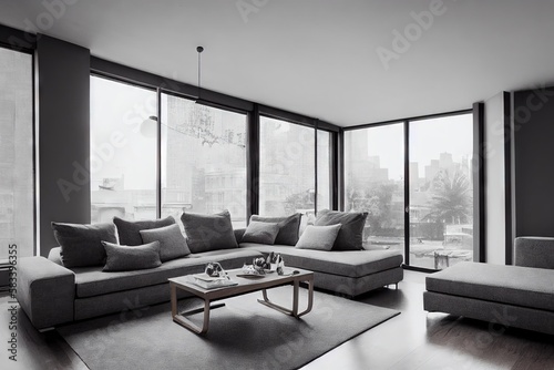 Modern austere interior with soft sofa, no people., created with generative ai