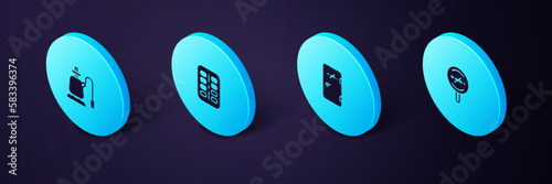 Set Isometric No smoking, area, Nicotine gum blister pack and Hookah icon. Vector