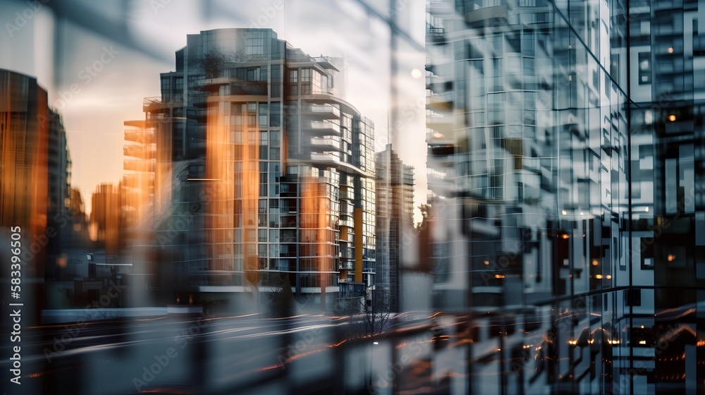 Glossy glass skyscrapers in urban city environment. Corporate businesses, high rise office spaces, and financial districts, reflecting the dynamic nature of urban design and aesthetics. Generative AI