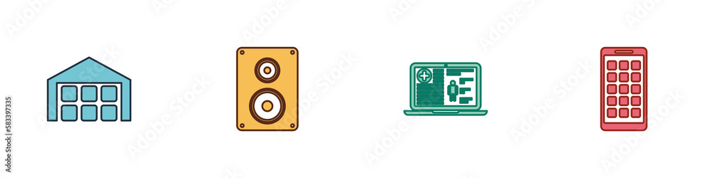 Set Warehouse, Stereo speaker, Medical clinical record and Mobile Apps icon. Vector Set Warehouse, Stereo speaker, Medical clinical record and Mobile Apps icon. Vector