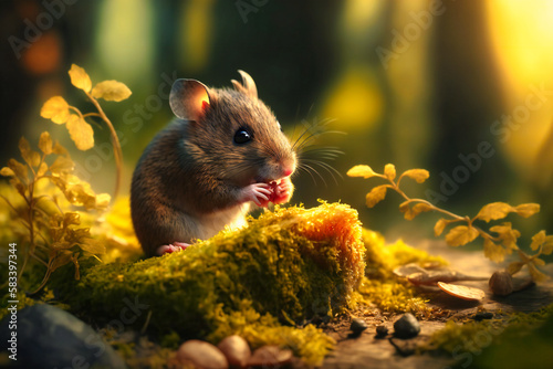 A mouse nibbling on a piece of food in the forest