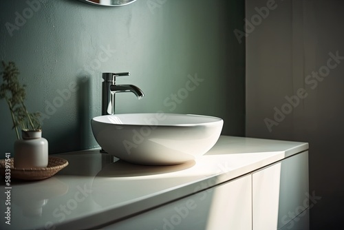 a bathroom with morning sunlight and shadow and an empty white vanity counter with a ceramic sink and contemporary style faucet. Mockup blank space for product display. Wall tiles are the background