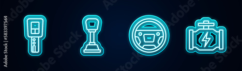 Set line Car key with remote, Gear shifter, Steering wheel and Check engine. Glowing neon icon. Vector