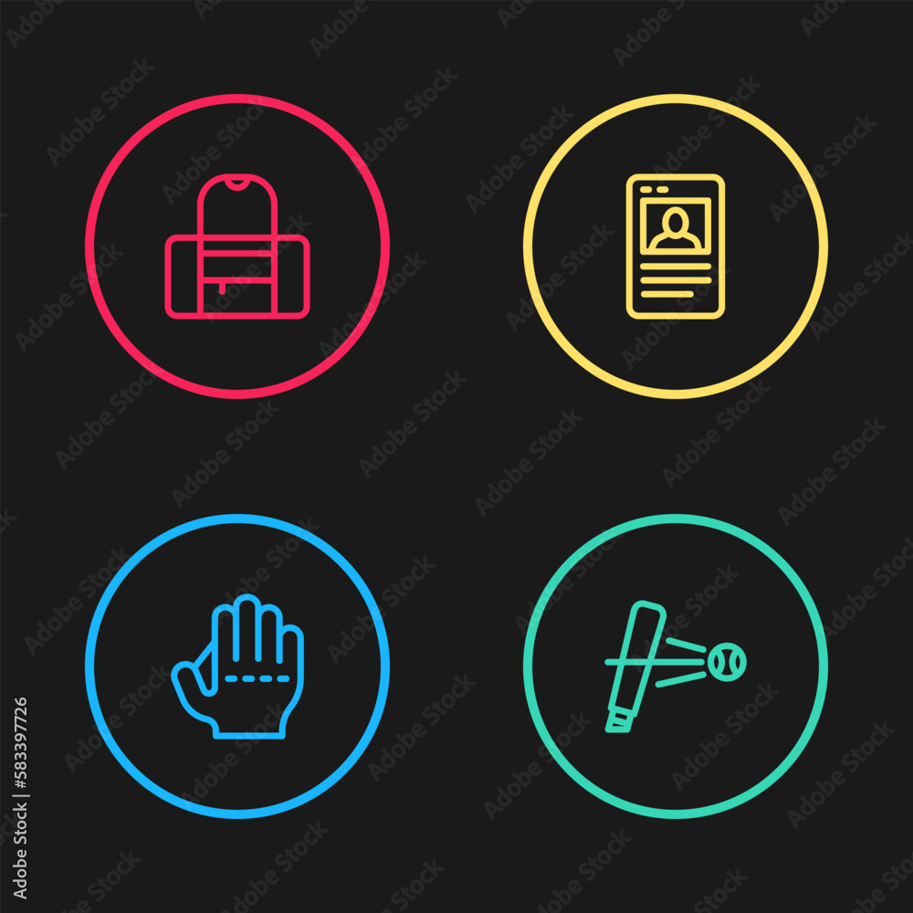 Set line Baseball glove, bat with, card and Sport bag icon. Vector Set line Baseball glove, bat with, card and Sport bag icon. Vector