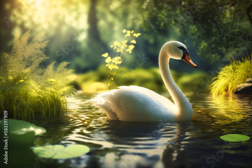 A serene swan swimming in a verdant pond