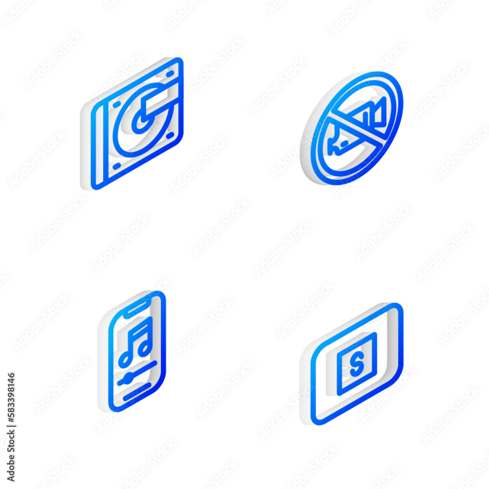 Set Isometric line Prohibition no video recording, Vinyl player with vinyl disk, Music and Stop media button icon. Vector Set Isometric line Prohibition no video recording, Vinyl player with vinyl disk, Music and Stop media button icon. Vector