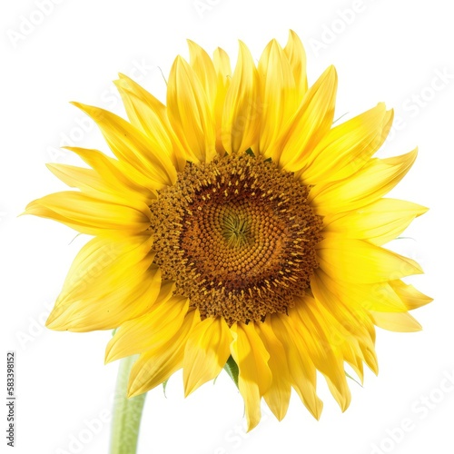 Macro closeup of isolated healthy fresh yellow sunflower head, pristine petals, white studio lighting background, preserved - generative ai © SoulMyst