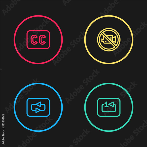 Set line Repeat button, track music player, Prohibition no video recording and Subtitles icon. Vector