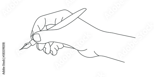 A human hand holding a fountain pen, an isometric icon on a white background. Vector contour illustration. Drawing line