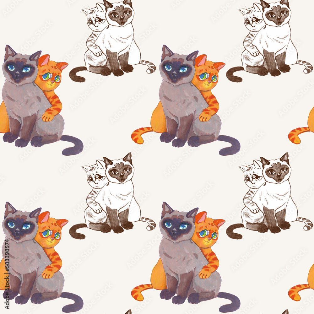 Seamless pattern of hand drawn cute cats in an embrace character. Drawn by markers illustration. Kitty hand painted on light background.