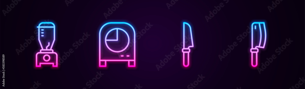 Set line Blender, Kitchen timer, Knife and Meat chopper. Glowing neon icon. Vector Set line Blender, Kitchen timer, Knife and Meat chopper. Glowing neon icon. Vector