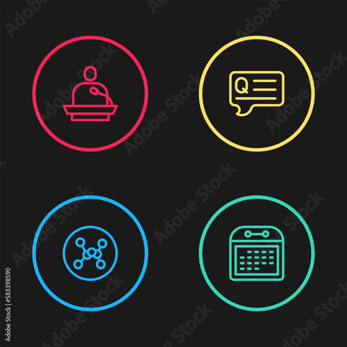 Set line Chemical formula, Calendar, Speech bubbles with Question and Gives lecture icon. Vector