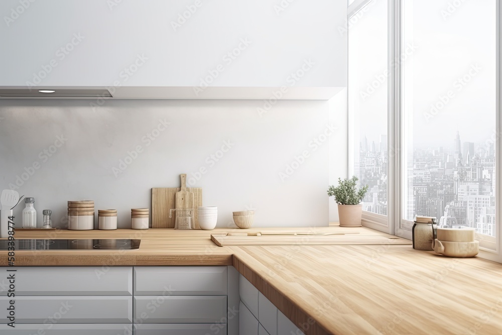 Wooden counter with a white kitchen interior and a large window in the backdrop. product display mockup copy space. Generative AI Wooden counter with a white kitchen interior and a large window in the backdrop. product display mockup copy space. Generative AI