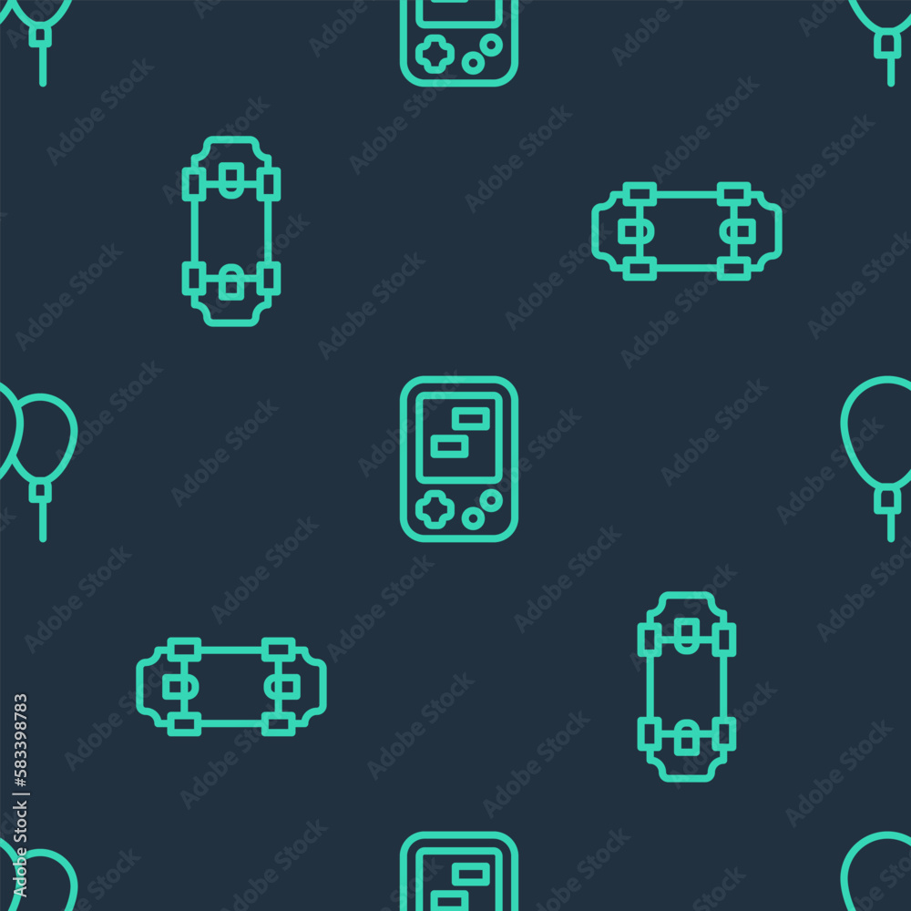 Set line Tetris electronic game, Skateboard and Balloons on seamless pattern. Vector Set line Tetris electronic game, Skateboard and Balloons on seamless pattern. Vector
