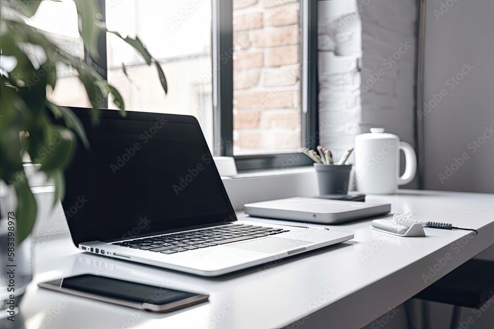 A close up of a laptop with a white blank screen and some office equipment in a modern office. Generative AI