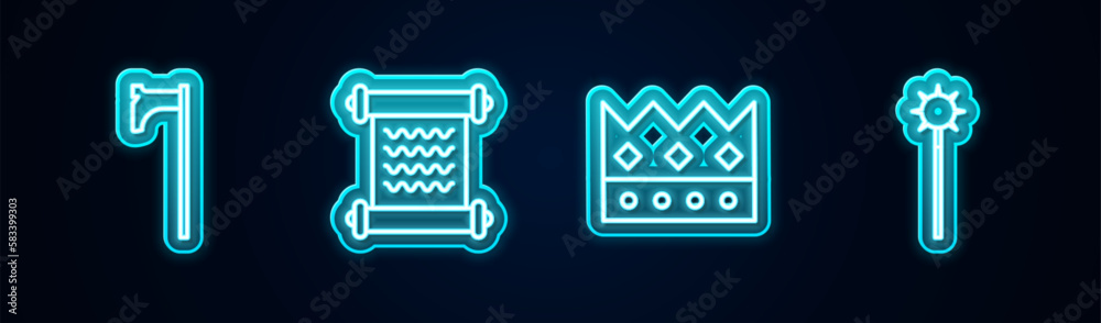 Set line Medieval axe, Decree, parchment, scroll, King crown and chained mace ball. Glowing neon icon. Vector Set line Medieval axe, Decree, parchment, scroll, King crown and chained mace ball. Glowing neon icon. Vector