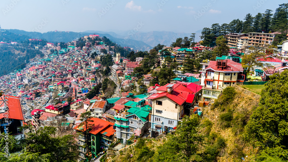 Aerial view of Shimla the capital and the largest city of the northern Indian state of Himachal Pradesh