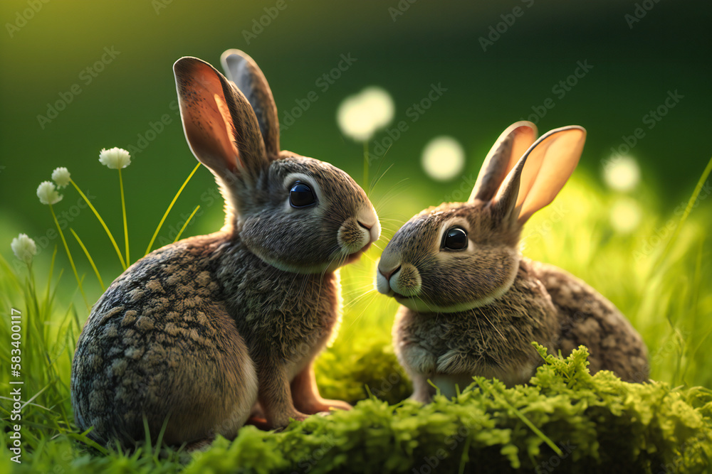 A pair of cottontail rabbits nibble on tender green grass, their twitching noses catching the summer breeze A pair of cottontail rabbits nibble on tender green grass, their twitching noses catching the summer breeze