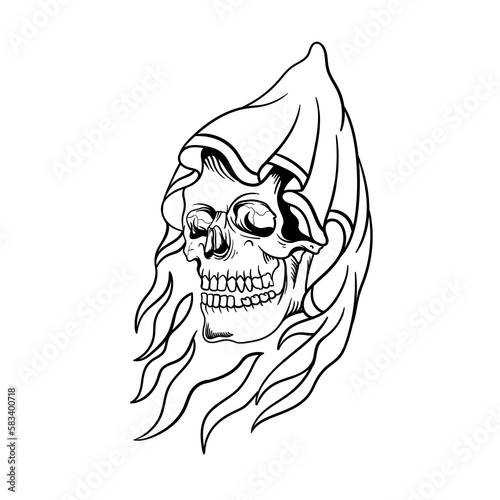 Hand drawn illustration of grim reaper head outline design