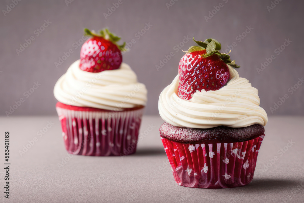 Two muffin cupcakes with vanilla cream and strawberry in red dotted paper baking dish Two muffin cupcakes with vanilla cream and strawberry in red dotted paper baking dish